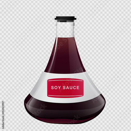 Soy asian sushi sauce in glass bottle. Realistic elements for food icon and design