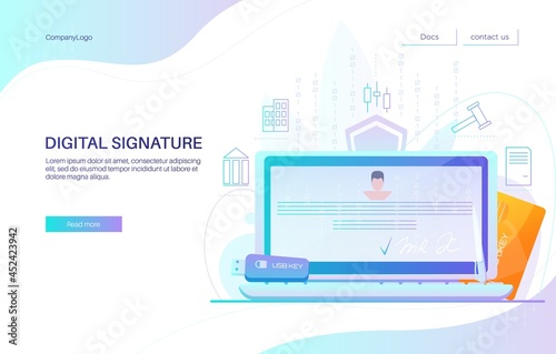 Digital signature landing page design, website banner vector template. Electronic document on laptop, card and usb key.