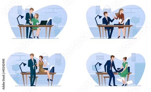 Sexual harassment in business office. Boss flirting with secretary, employee, vector illustration. Love affairs at work. photo