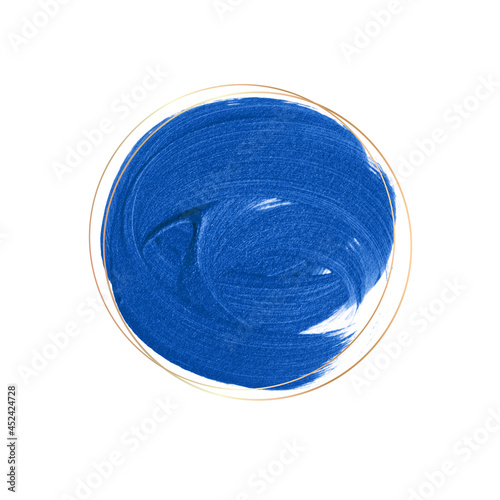 Blue circle abstract artwork. Logo brush stroke design background with golden round frame - Vector. 