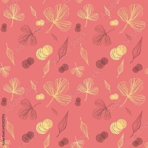 Wallpaper Mural Seamless botanical pattern with abstract leaves and flowers on a coral background  Torontodigital.ca
