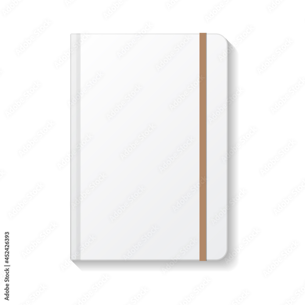 Blank white book or notebook rounded edges with brown elastic top view mockup template.