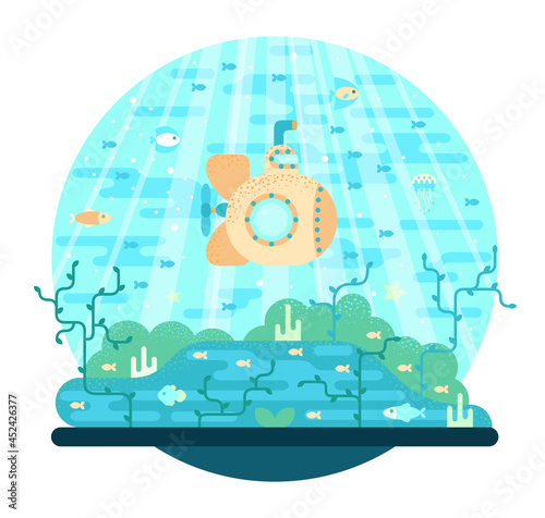 Cartoon yellow submarine underwater among fish and algae. Vector cartoon illustration in flat stile. 