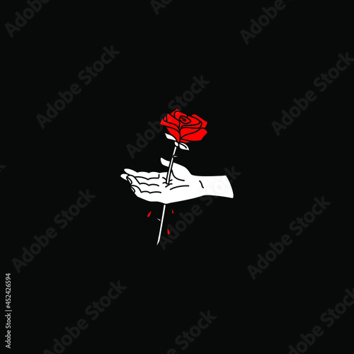 Vector illustration of a rose piercing the hand. Horror art on black background.