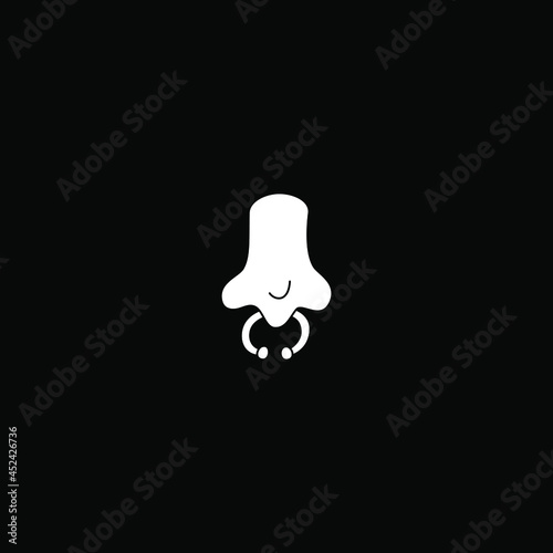 Vector illustration of nose with piercings. Horror art on black background.
