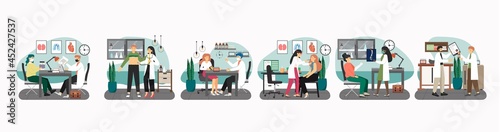 Doctor visit scene set  flat vector illustration. Doctors appointment  consultation  treatment. Lab tests for diagnosis.