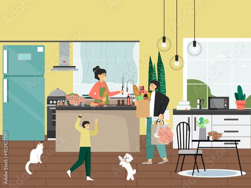 Family at home, flat vector illustration. Mother cooking, father carrying bags with groceries, son playing with dog pet.