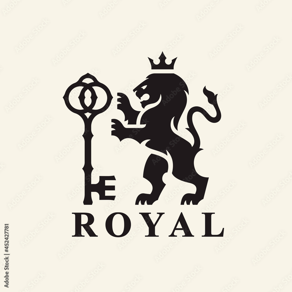 Heraldry Lion logo design. Royal animal crest symbol with key and crown icon. Vector illustration. - obrazy, fototapety, plakaty 