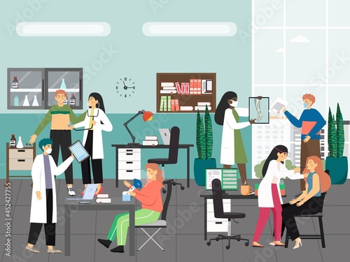 People in hospital, medical clinic doctor office, flat vector illustration. Health examination, consultation, treatment.