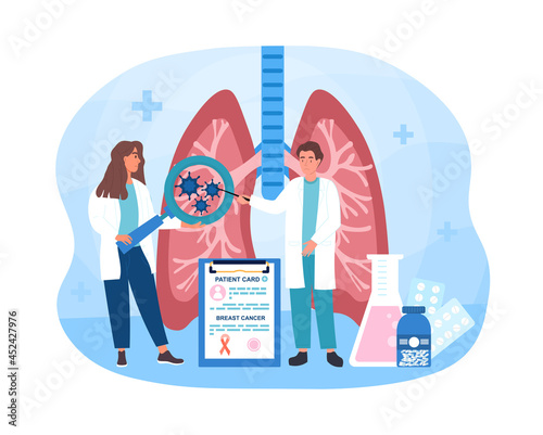 Lung cancer concept. Doctors examine patient lungs and make diagnosis of oncology. Severe disease of internal organs. Chemotherapy. Cartoon flat vector illustration isolated on white background