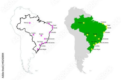 ブラジルの地図、都市名ベクターアイコンイラスト白背景素材