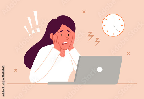 Stress at work concept. Tired sad busy woman sitting in office at laptop. Employee worried about burning deadlines for project. Cartoon modern flat vector illustration isolated on pink background