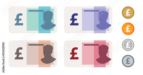 Pounds sterling Great Britain UK bank notes currency icon set collection paper money and coin