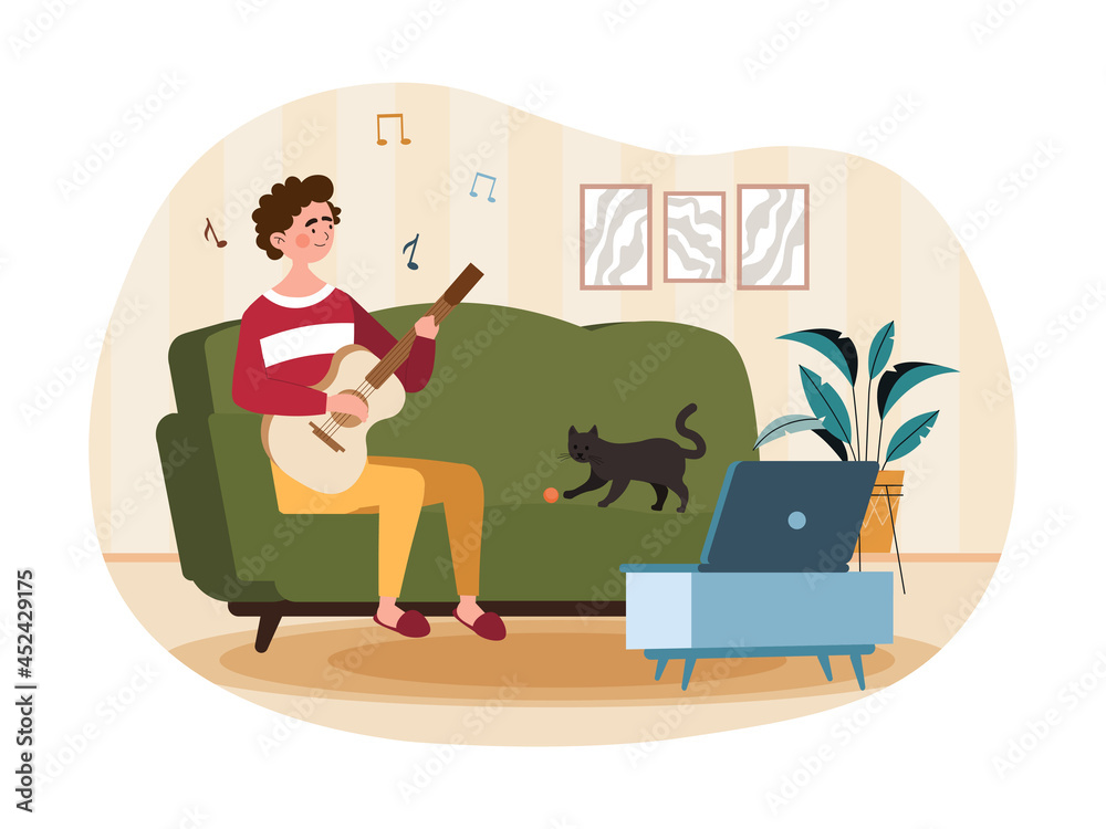 Training play guitar concept. Man sitting on couch and taking online lesson on playing musical instrument. Hobbies in free time. Cartoon flat vector illustration isolated on a white background