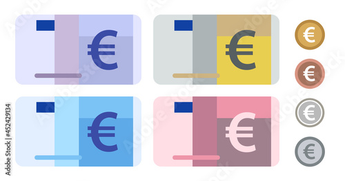 Euro Europe Union EU bank notes currency icon set collection paper money and coin