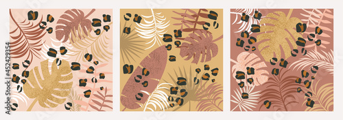 Abstract set of posters. Backgrounds with tropical leaves and leopard spots. Design elements for covers, wall decoration, social networks and printing on fabric. Cartoon textured vector collection