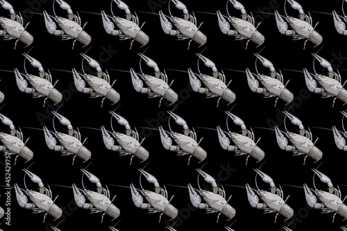 Seamless pattern with crayfish on black background. Endless crawfish texture. Raster illustration.