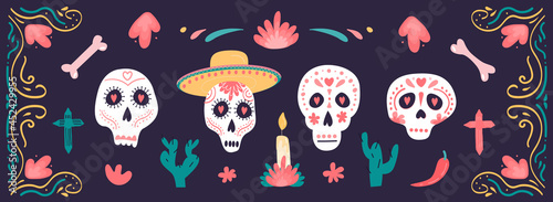 Vector set of Mexico elements and symbols in flat hand drawn style isolated on dark background. Dia de los muertos. Horizontal banner with sugar skulls and floral decoration. Day of the dead.