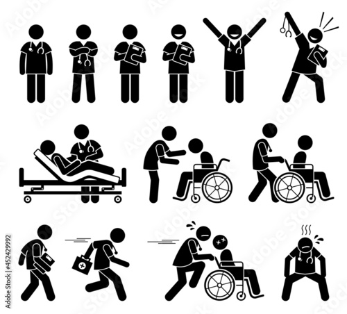 Male nurse and doctor attending to patient stick figure pictogram icon. Vector illustrations depict male nurse and doctor poses, working, and actions at hospital.