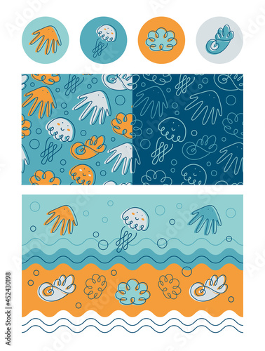 A set of icons and seamless backgrounds of marine life. One line of octopus, jellyfish and shells. Funny simple drawings of the sea world.