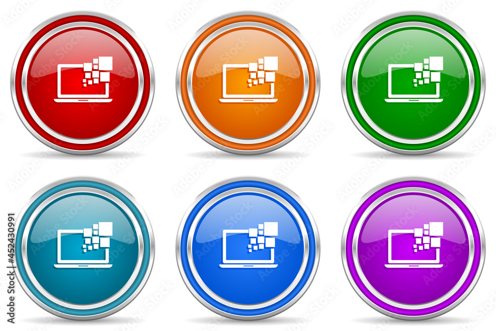 Laptop, notebook, computer silver metallic glossy icons, set of modern design buttons for web, internet and mobile applications in 6 colors options isolated on white background Laptop, notebook, computer silver metallic glossy icons, set of modern design buttons for web, internet and mobile applications in 6 colors options isolated on white background
