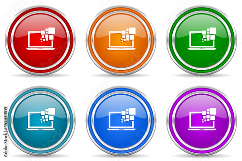 Laptop, notebook, computer silver metallic glossy icons, set of modern design buttons for web, internet and mobile applications in 6 colors options isolated on white background