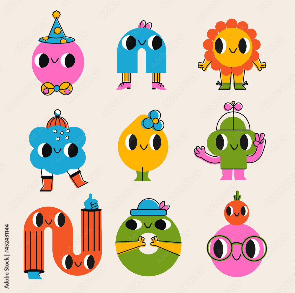 Collection of abstract cartoon characters. Funny Geometric shapes with  happy faces. Positive and cute creatures vector set Stock Vector | Adobe  Stock