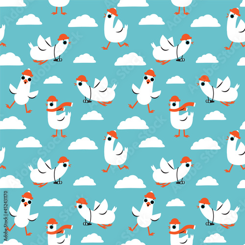 Seamless pattern with cartoon white goose birds. Background with funny seagulls in blue sky