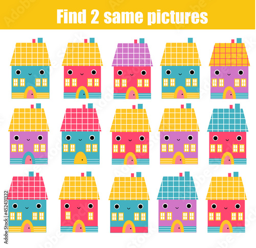 Children educational game. Find two same pictures of cute house