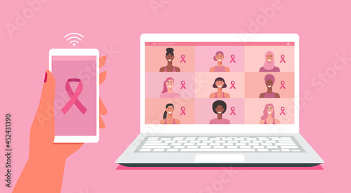 hand holding phone to check breast cancer awareness month with pink ribbon symbol for support patient women via online on laptop computer concept, vector flat illustration