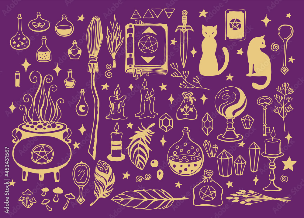 Vecteur Stock Witchcraft, magic background for witches and wizards. Vector  vintage collection. Hand drawn magic tools, concept of witchcraft. Drawn magic  tools: book, candles, potions, broom, crystals, cauldron. | Adobe Stock