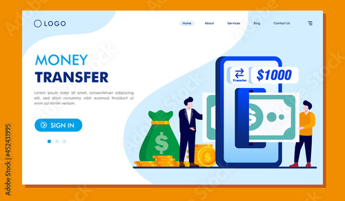 Online transaction, transfer, payment, mobile banking technology landing page website illustration flat vector template