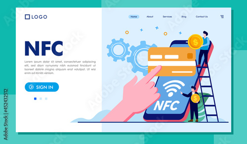 NFC technology, cashless payment, online payment, connection, internet, easy pay, landing page flat illustration template