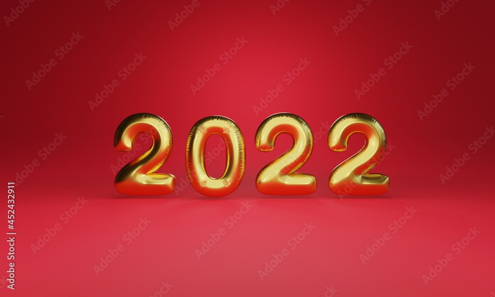 Golden 2022 year balloon with light glowing on red background for preparation merry Christmas and happy new year concept by 3d render technique. Golden 2022 year balloon with light glowing on red background for preparation merry Christmas and happy new year concept by 3d render technique.