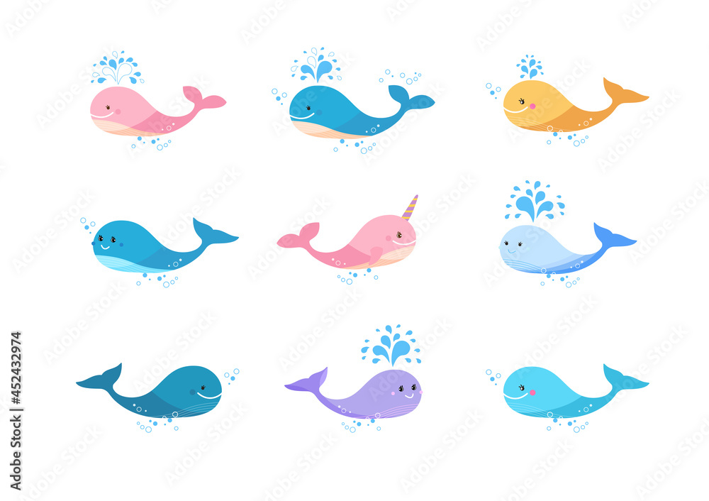 A large set of colorful cute whales. A small cheerful whale, a blue and pink narwhal. A large set of colorful cute whales. A small cheerful whale, a blue and pink narwhal.