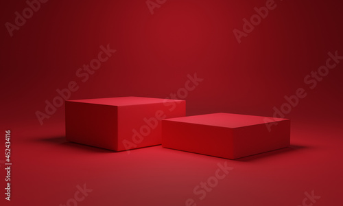 Minimal red colour of two blank cube podium and background for showing product presentation , 3D rendering technical concept.