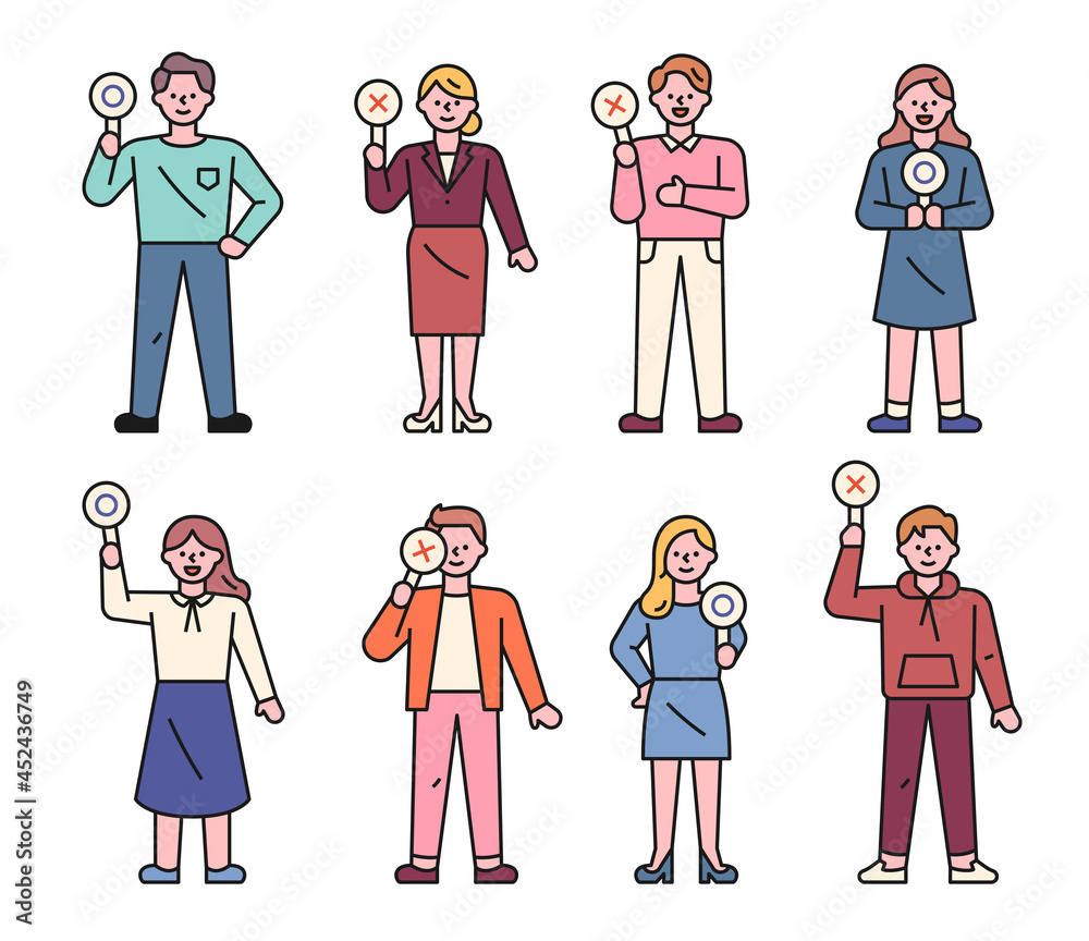 Characters standing holding OX signs. Characters standing holding OX signs.