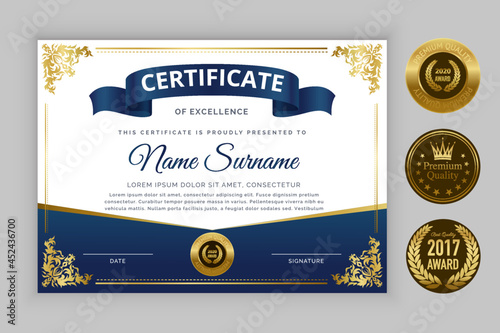 Abstract gradient floral decorative certificate of achievement design with three badge