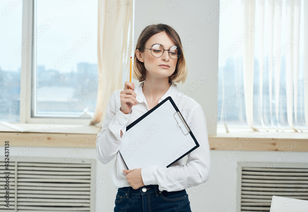 cheerful business woman office documents professional work cheerful business woman office documents professional work