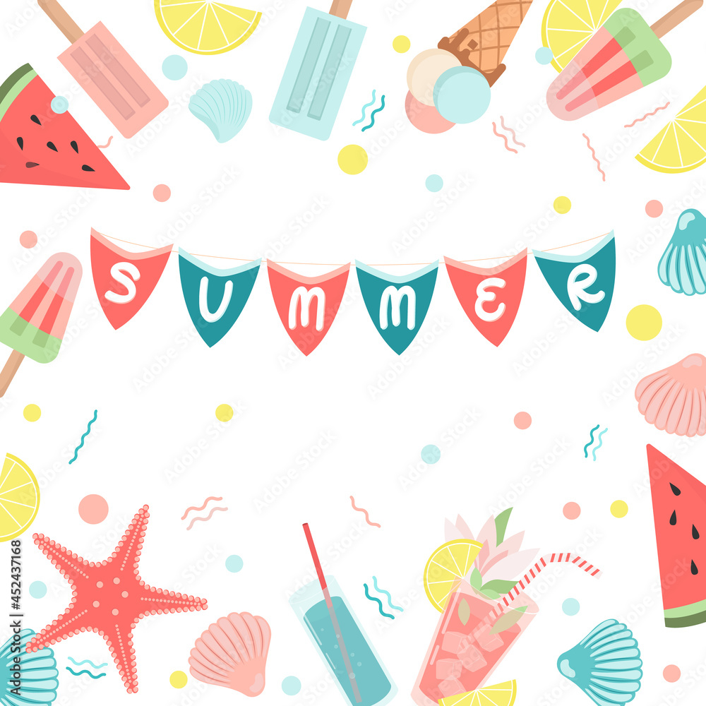 Bright Modern Summer Banner. Summer items clip art set. Trendy vector flat icons, isolated on white. Design for web and print Bright Modern Summer Banner. Summer items clip art set. Trendy vector flat icons, isolated on white. Design for web and print