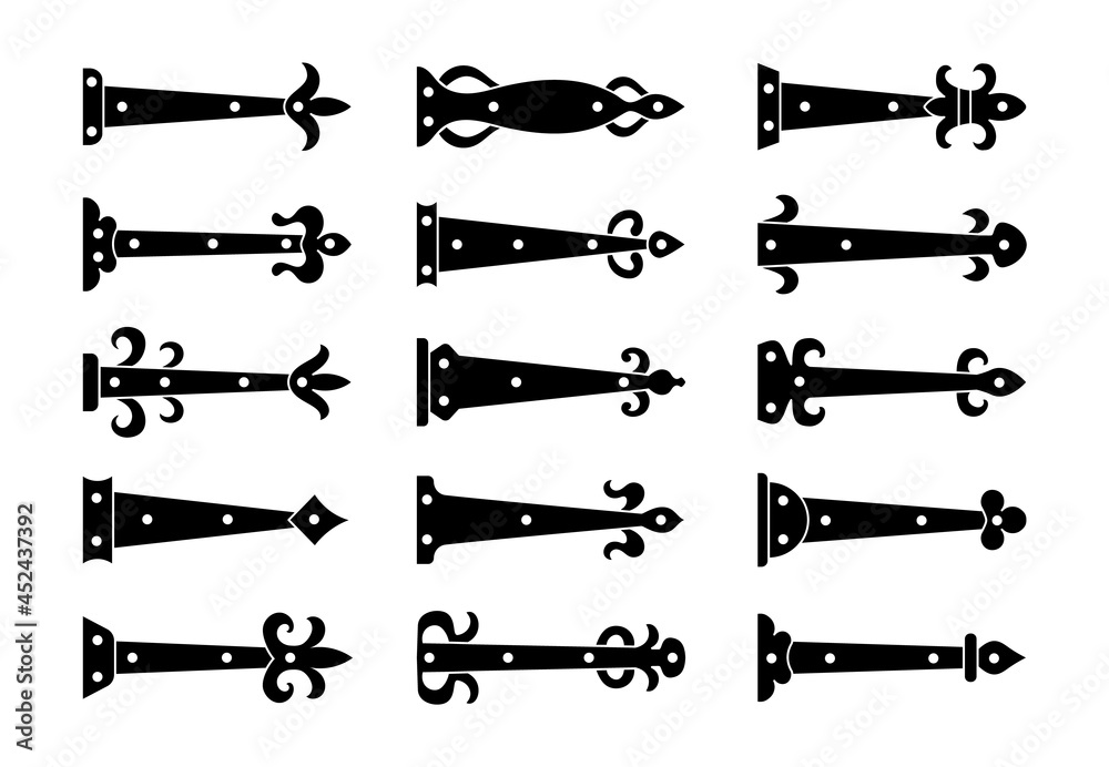 Decorative vintage arrow hinges. Accents for garage and barn doors, gates, trunks, barrels. Flat icon set. Vector illustration. Signs of retro hardware elements. Isolated objects