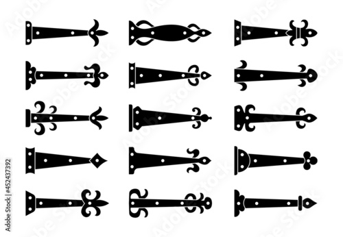 Decorative vintage arrow hinges. Accents for garage and barn doors, gates, trunks, barrels. Flat icon set. Vector illustration. Signs of retro hardware elements. Isolated objects