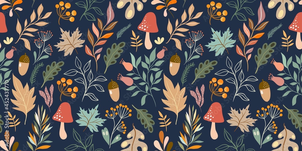 Autumn decorative seamless pattern with seasonal elements, acorns, plants, leaves, mushrooms