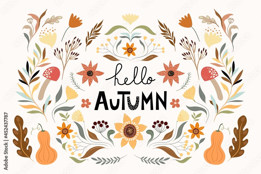 Autumn floral composition, poster, banner with seasonal elements, sunflower, mushroom, pumpkin, plants and leaves

