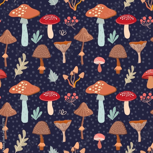 Autumn seamless pattern with mushrooms and seasonal elements