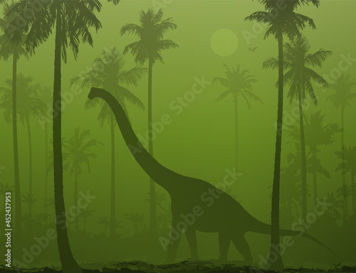 vector background with dinosaur walking among palm trees 