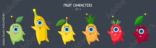 A set of fruity joyful characters on a dark background