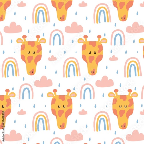 Childish hand-drawn seamless pattern with giraffe and rainbow. Cute giraffe head with clouds and rainbows. The pattern is suitable for fabrics  prints  cards  wrapping paper.