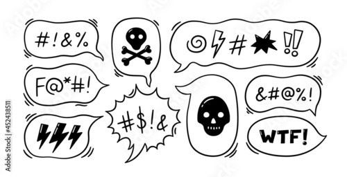 Comic speech bubble with swear words symbols. Hand drawn speech bubble with curses, lightning, skull, bomb and bones. Vector illustration isolated in doodle style on white background. photo