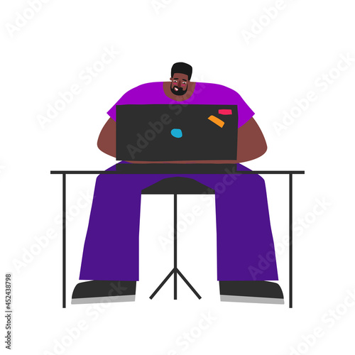 Vector flat isolated illustration. African American man sits at desktop and works on laptop on internet. Lifestyle of freelancer. Guy is hard worker, he is professional game designer and developer